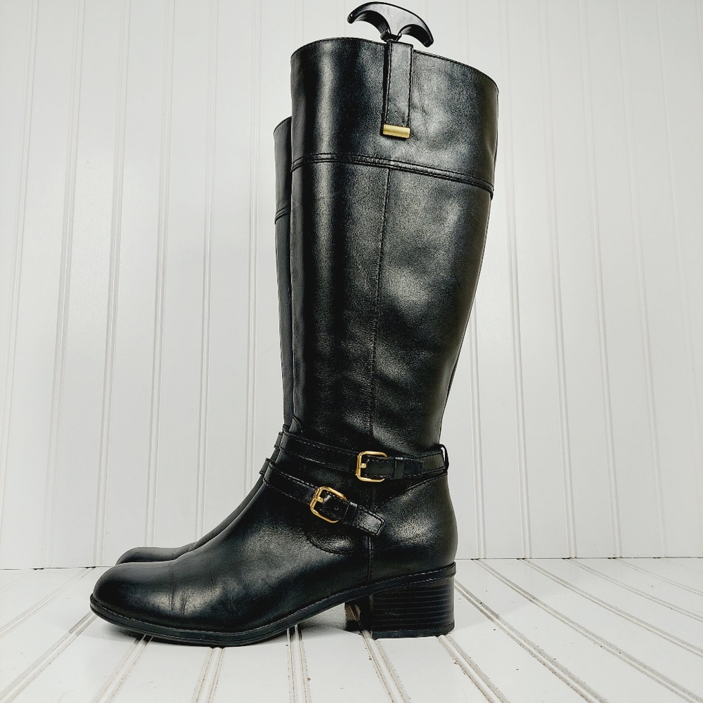 Bandolino Carlotta Black Leather Block Heel Buckle Strap Tall Boots D931